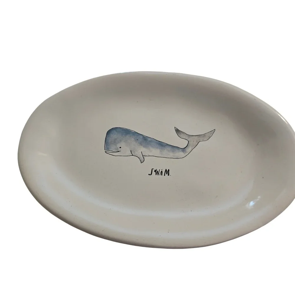 Rae Dunn Artisan Collection SWIM Blue Whale Oval Ceramic‎ Plate Platter Magenta